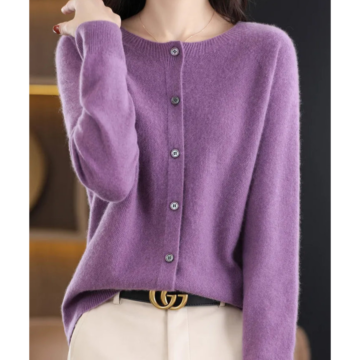 Round Neck Button Front Long Sleeve Knit Cardigan