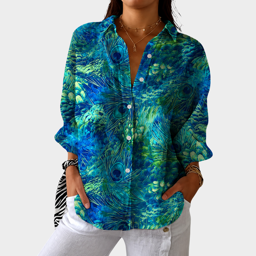 Peacock Feather Print Long Sleeve Button Front Shirt