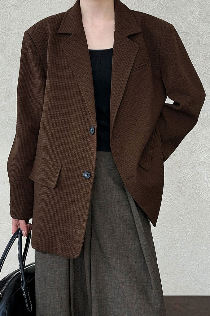 Waffle Textured Notch Lapel Two Button Oversized Blazer
