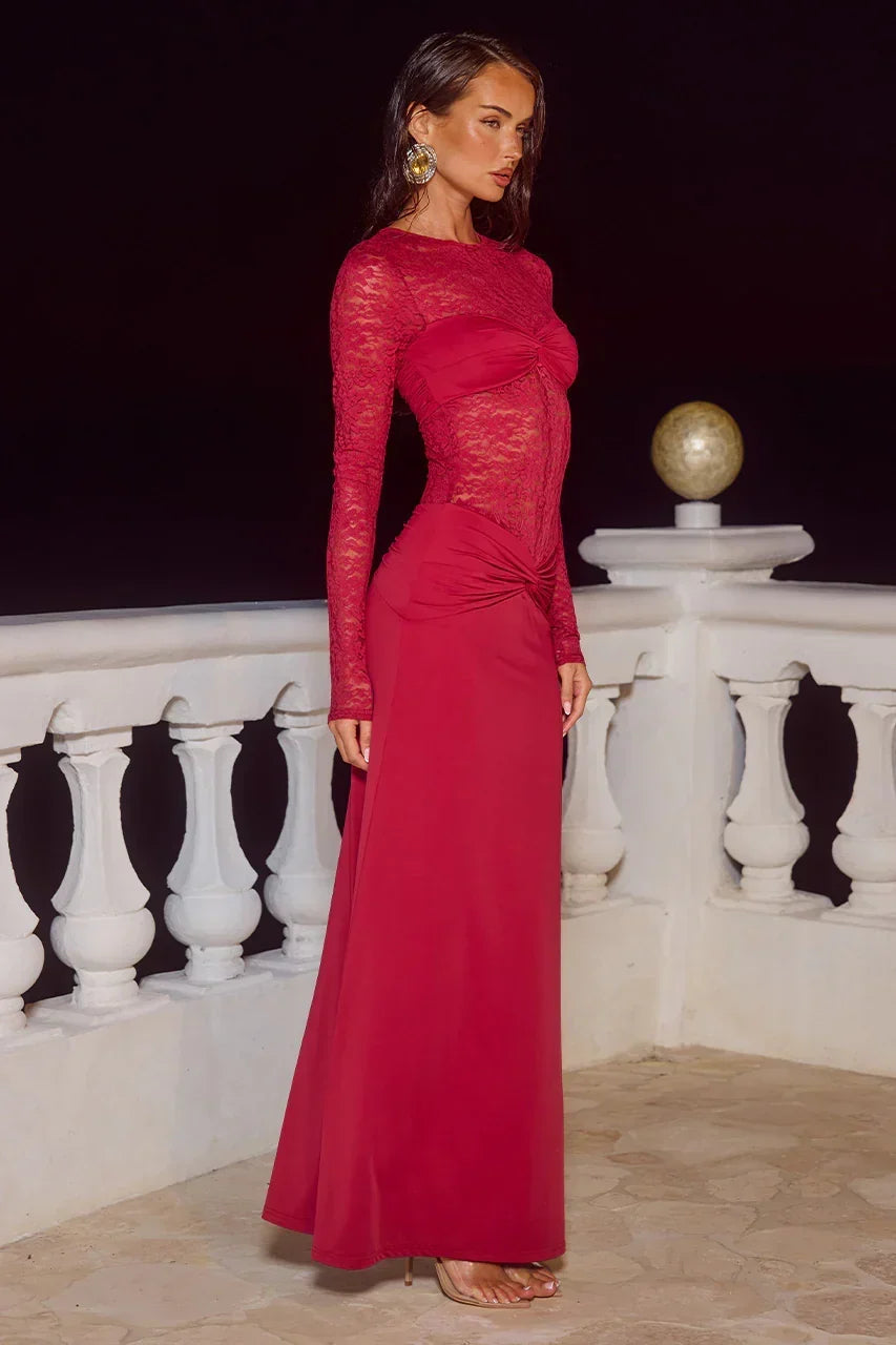 LARNA LACE LONG SLEEVE MAXI DRESS - CHERRY