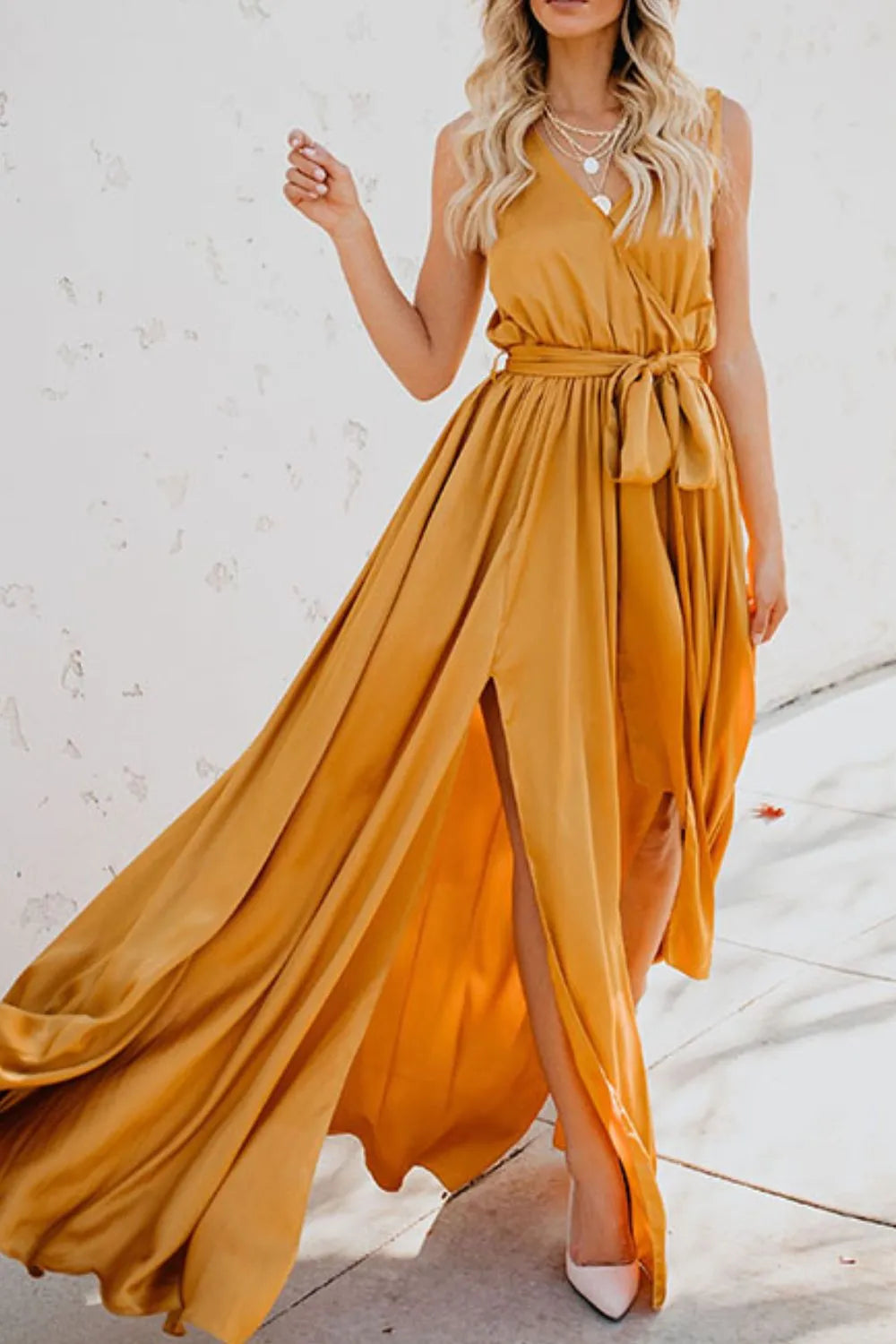 Satin Surplice V-Neck Sleeveless Tie Waist High Split Maxi Dress 2