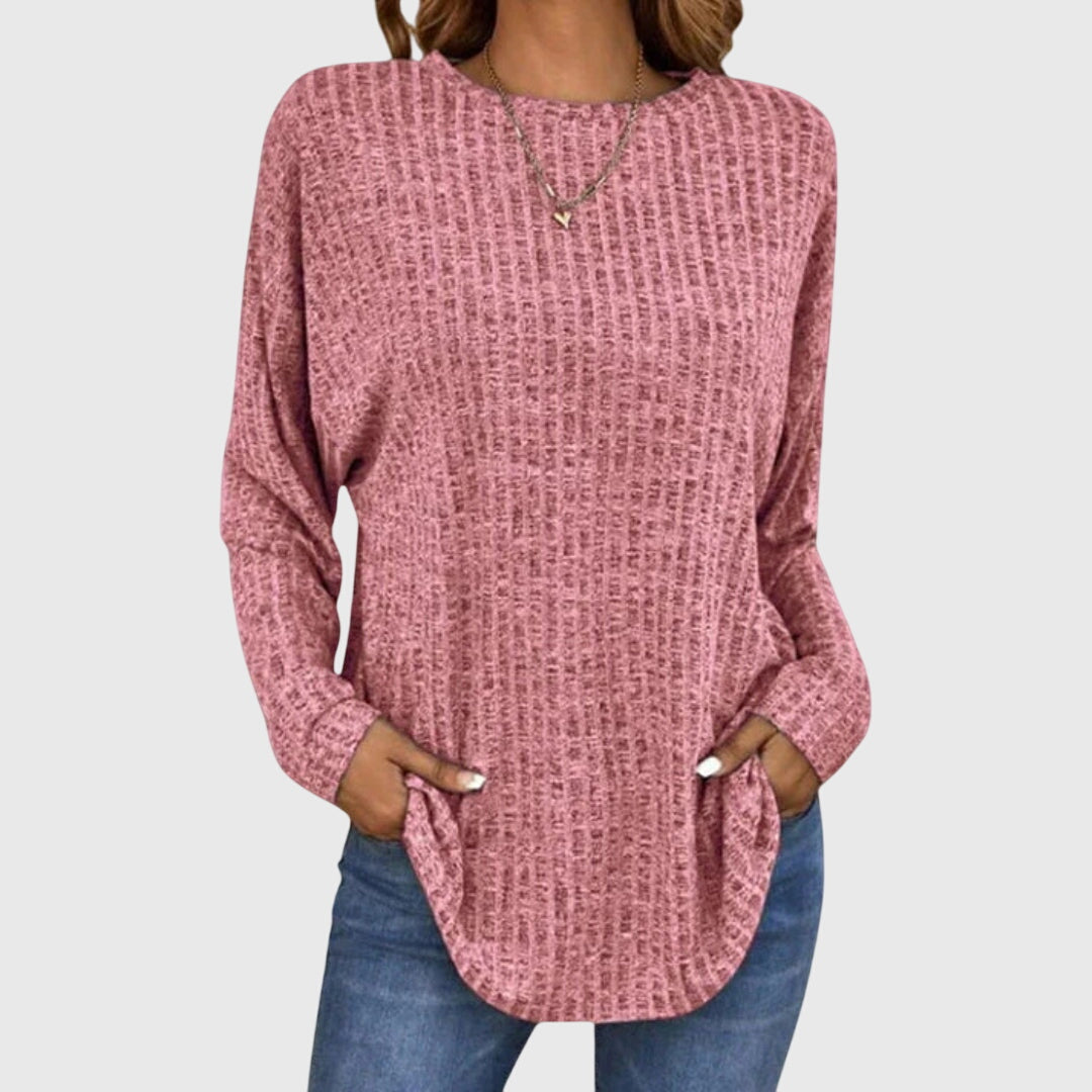 Crew Neck Long Sleeve Ribbed Knit Curved Hem Top
