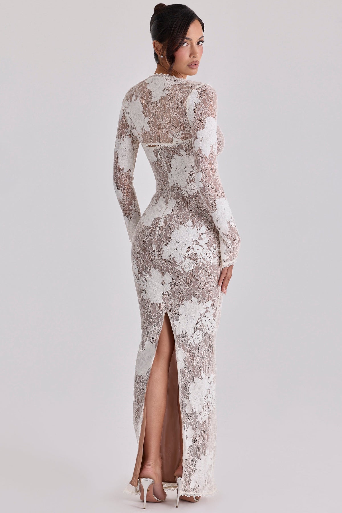 Floral Lace Sweetheart Bustier Long Sleeve Sheer Mermaid Maxi Gown 5