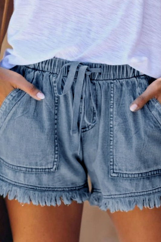 Elastic High Rise Frayed Hem Denim Shorts