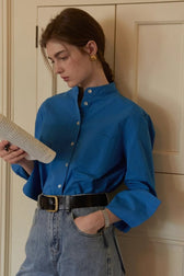 Cotton Mandarin Collar Long Sleeve Top