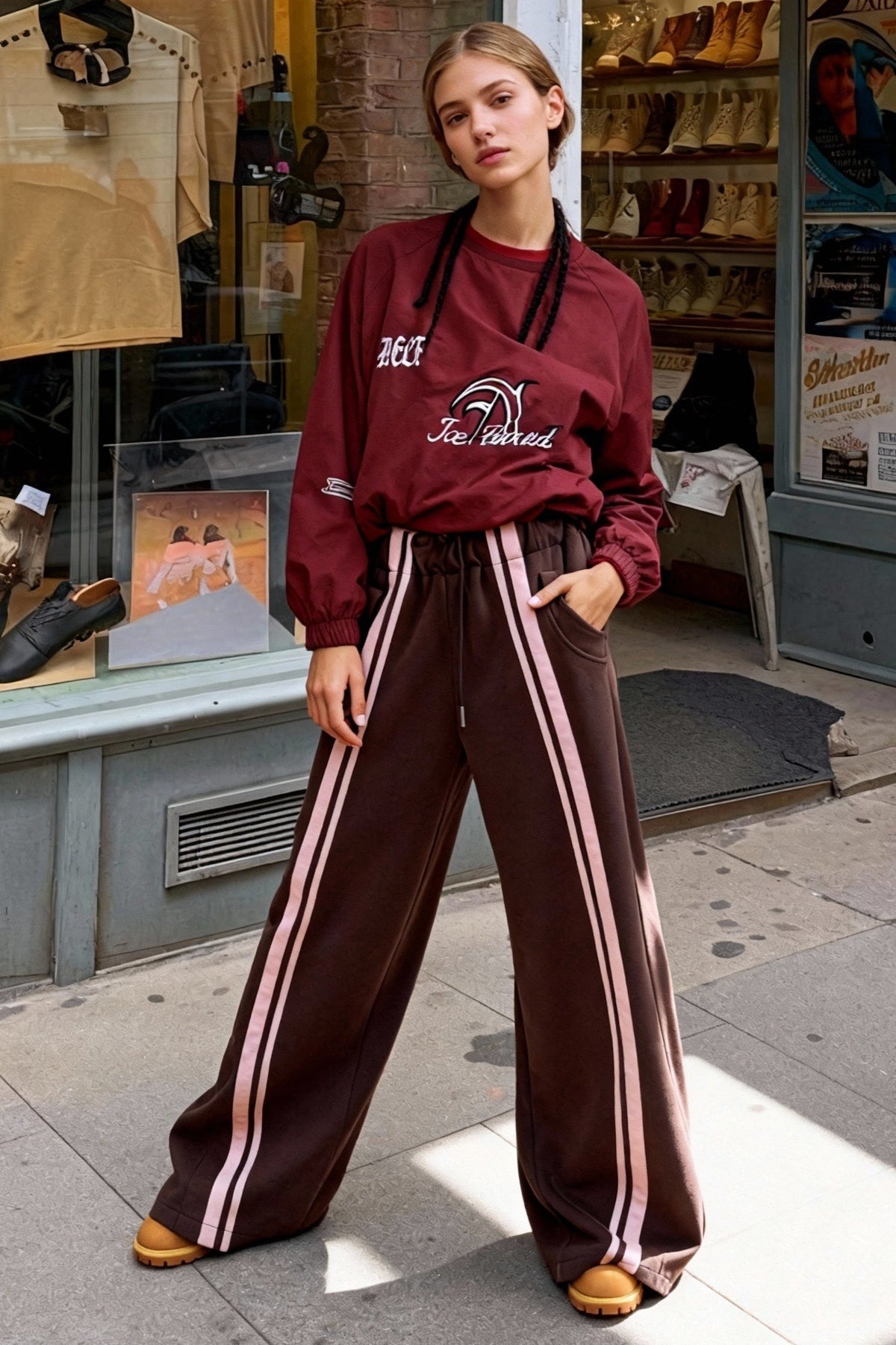 Drawstring Elastic High Waist Side Stripe Wide Leg Jogger Pants 4