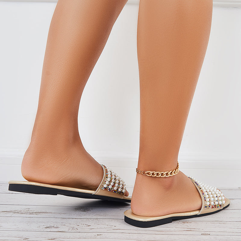 Pearls Decor Flat Slide Sandals Square Toe Beach Slippers