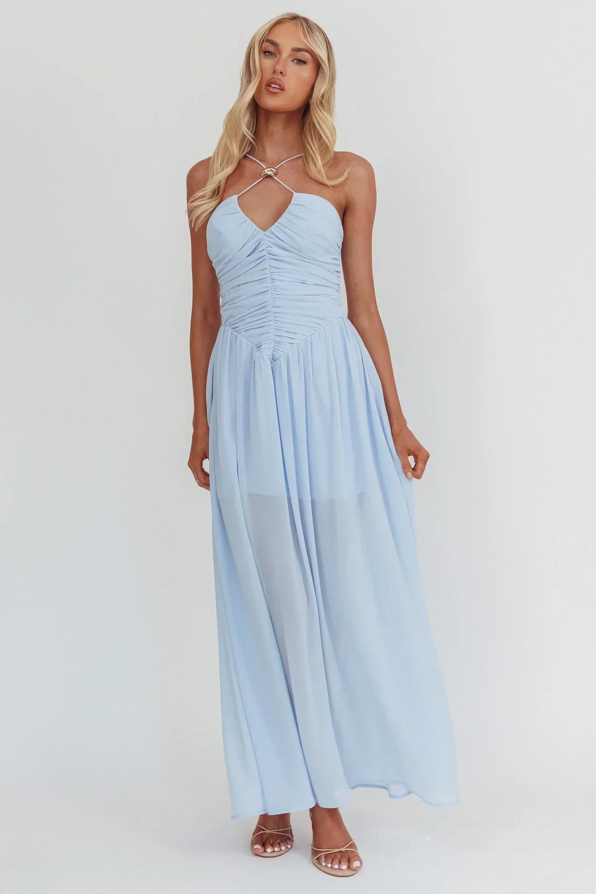 Chiffon Halter Ruched Bodice Basque Waist A-Line Maxi Dress 5