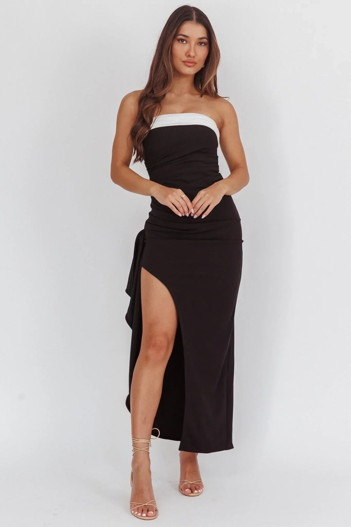 Cha Cha Strapless Thigh Split Dress Contrast Black