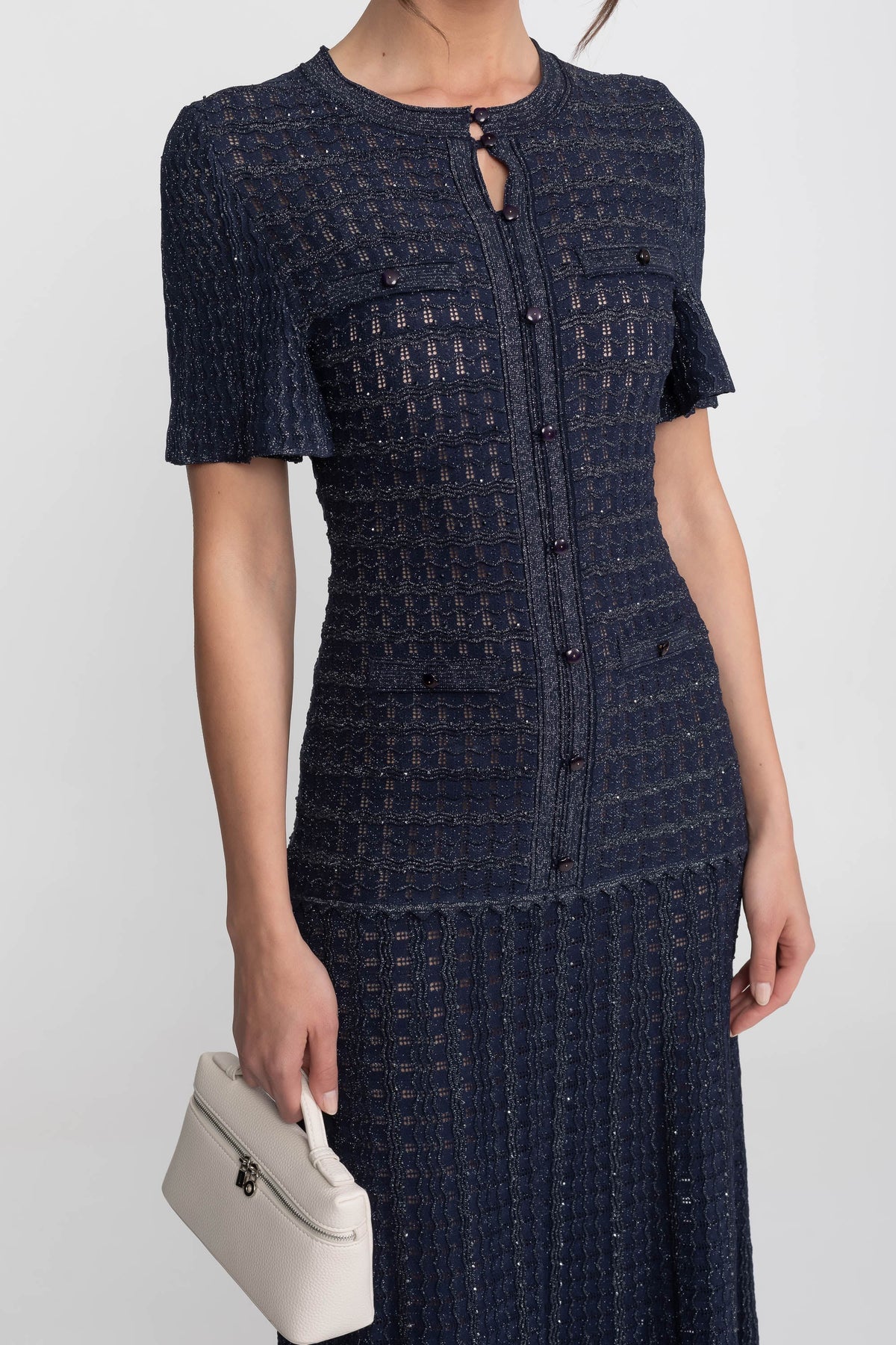 Shimmer Knit Short Sleeve Button Front Keyhole Neck Midi Dress 9