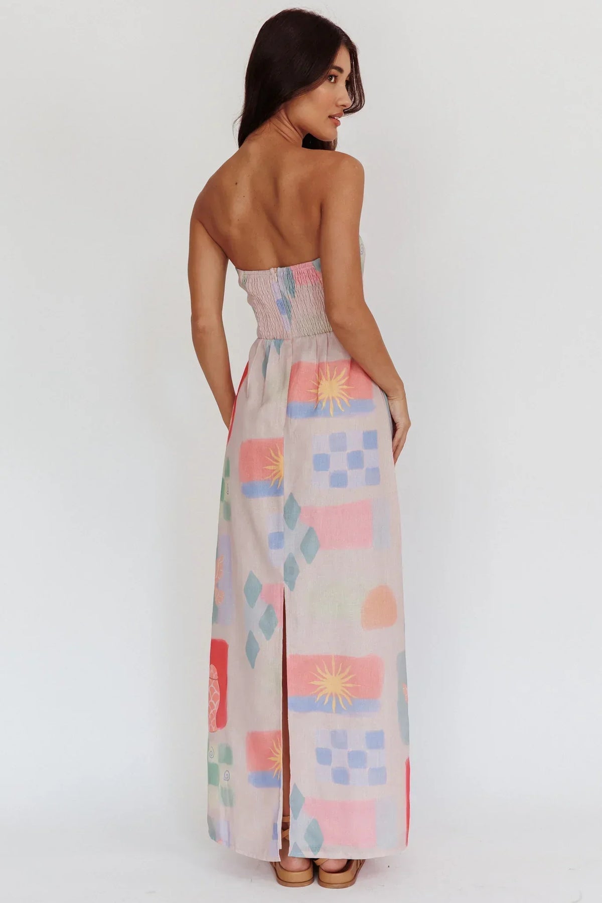 Abstract Print Strapless Straight Neck Column Maxi Dress 2