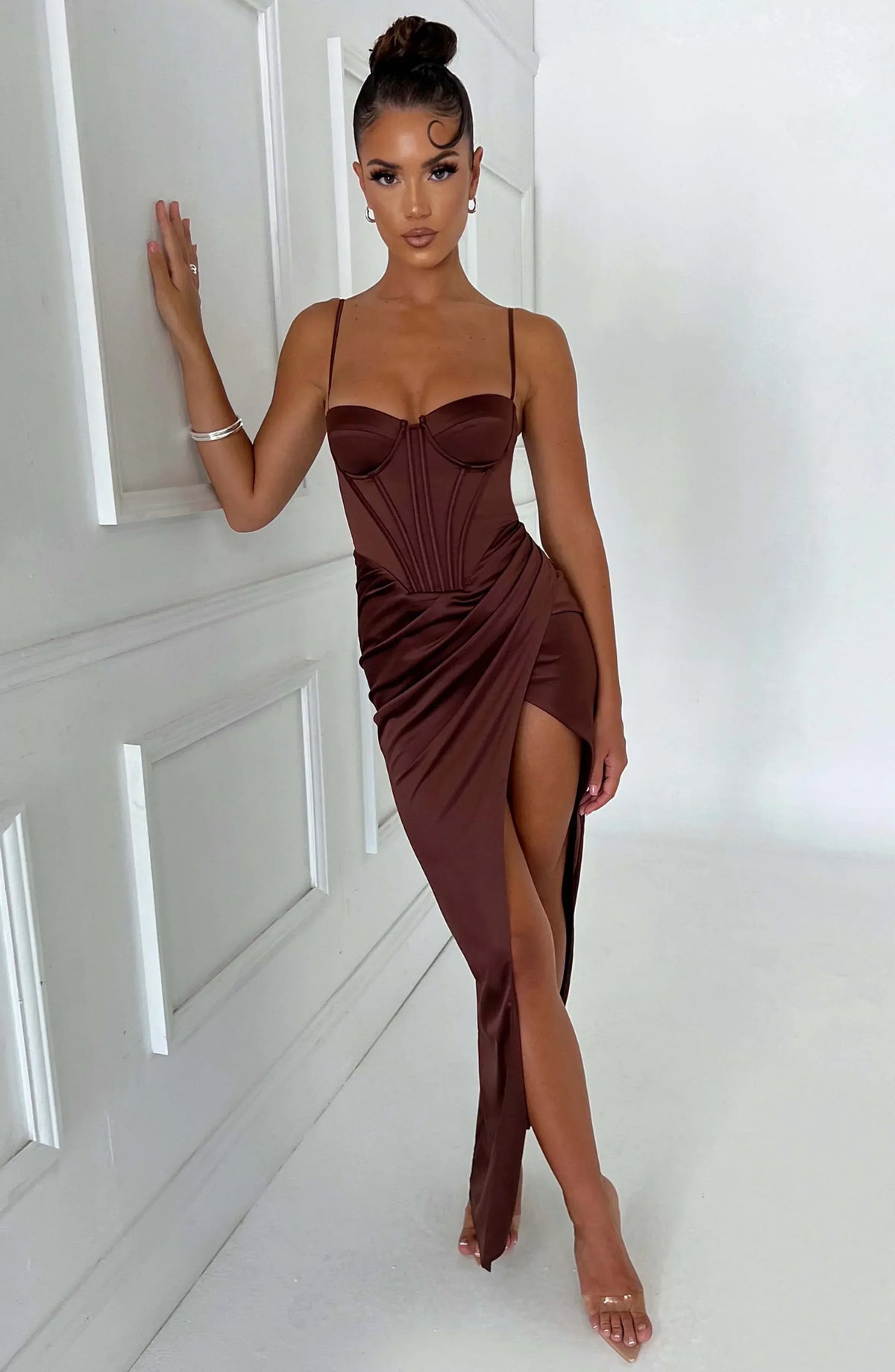 Satin Corset Bustier Cami Strap Wrap High Split Maxi Dress 27