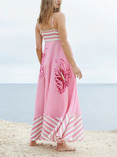 Floral Print Paneled Charming Striped Suspender Mixi Dress