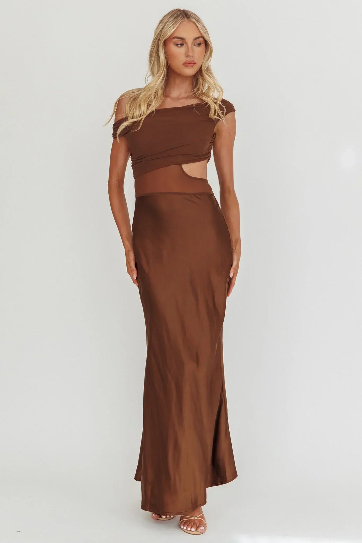 Off Shoulder Ruched Mesh Bodice Side Cut Out Satin Maxi Dress 4
