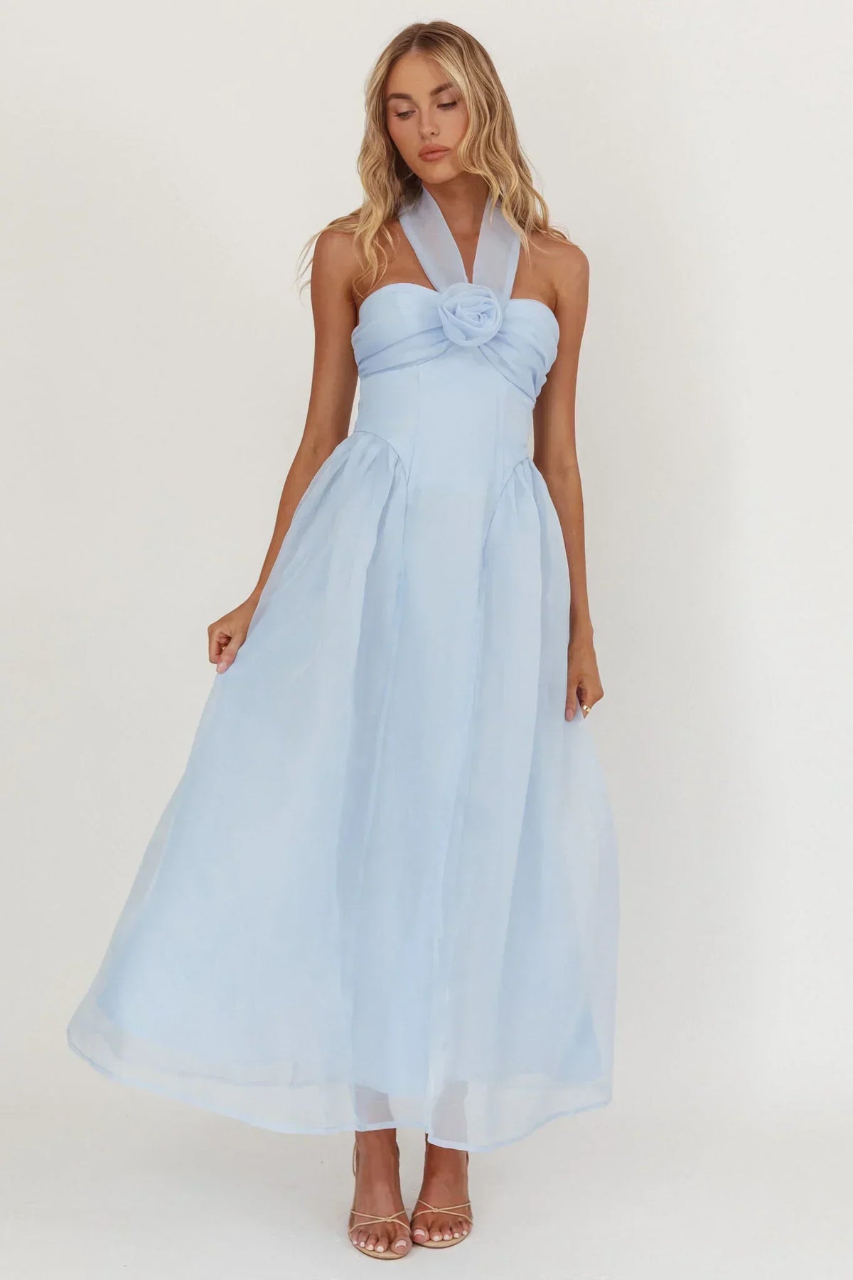 Organza Halter Rosette Sweetheart Neck A-Line Midi Dress 5
