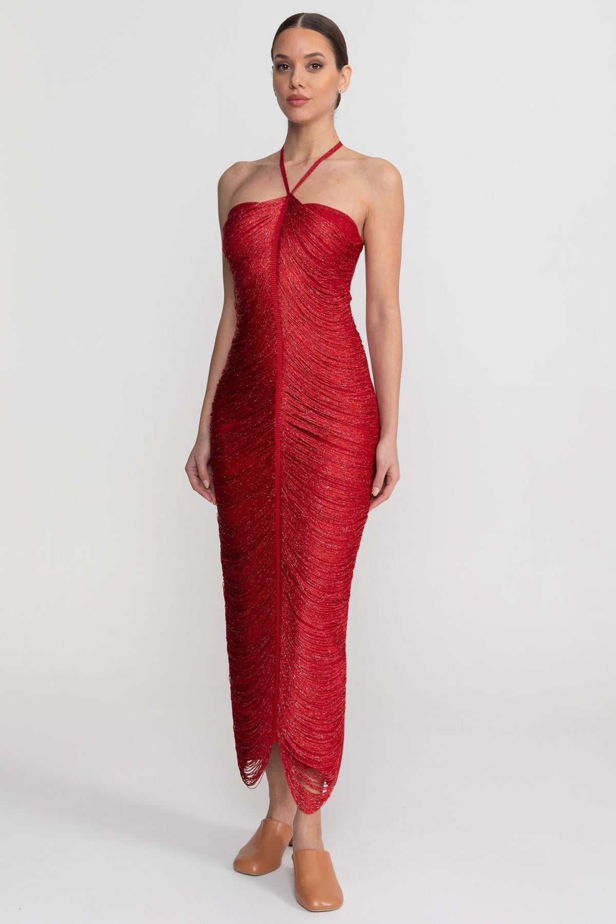 Halter Neck Draped Fringe Strand Bodycon Midi Dress 3