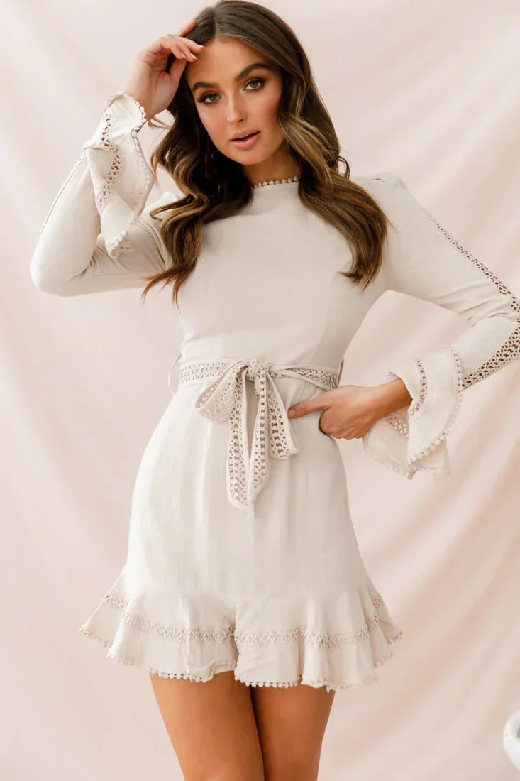 Lace Trim Crew Neck Bell Sleeve Tie Waist Ruffle Hem Mini Dress 5