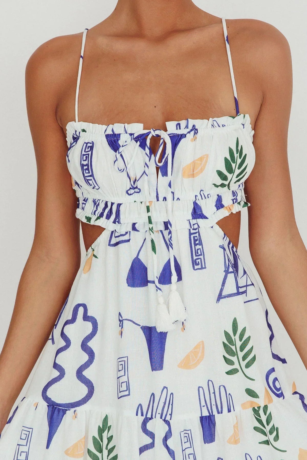 Abstract Print Shirred Bodice Cut Out Back Tie Front Tiered Maxi Dress 4