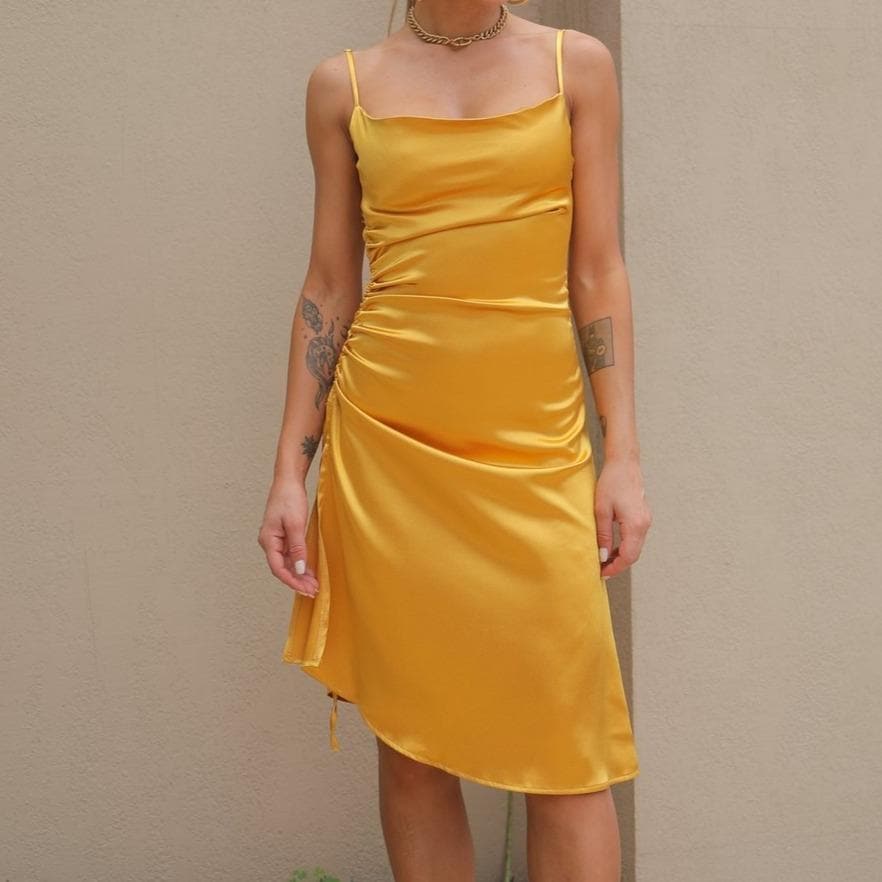 Cowl neck slit satin ruched midi dress 5