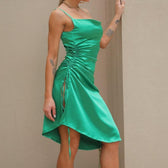 Cowl neck slit satin ruched midi dress 2