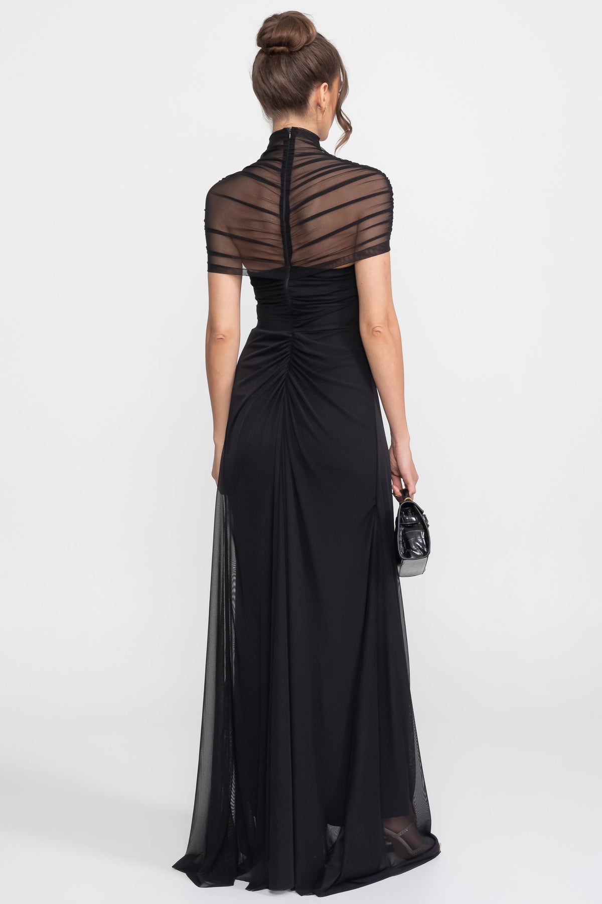 Mock Neck Ruched Mesh Cap Sleeve Cut Out Waist Maxi Dress 4