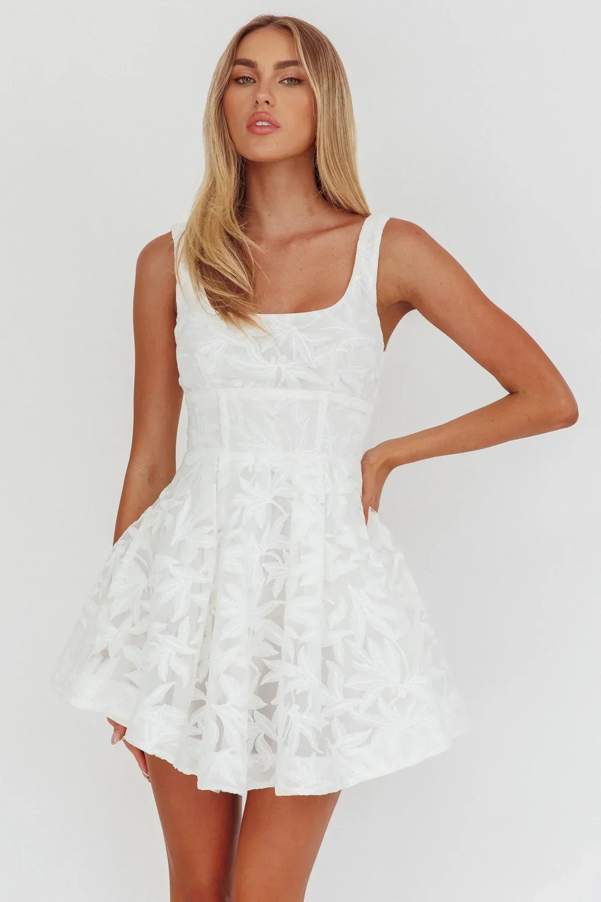 Embroidered Organza Square Neck Fit and Flare Mini Dress 6