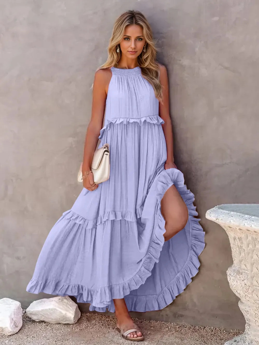 Halter Neck Sleeveless Tiered Ruffle Maxi Dress 25