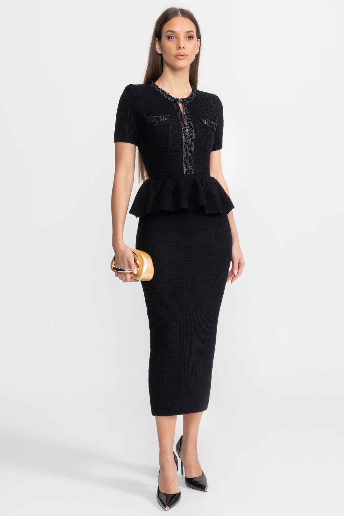 Textured Knit Short Sleeve Embellished Trim Peplum Waist Bodycon Midi Dress 3