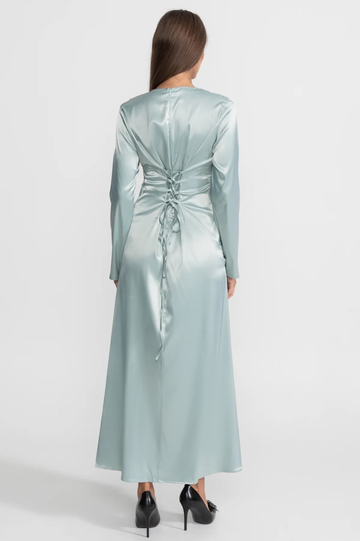 Satin Long Sleeve Twist Front Draped Overlay Maxi Dress 2