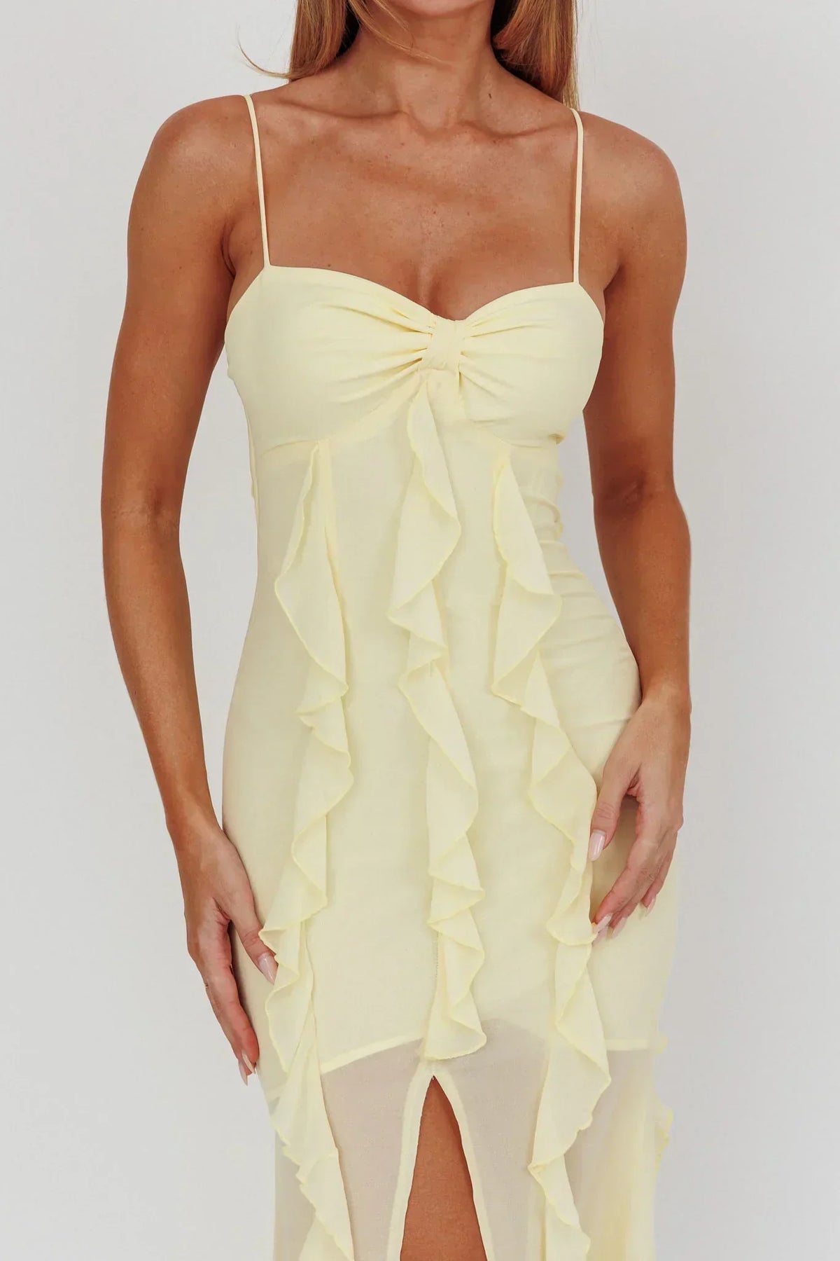 Sweetheart Spaghetti Strap Vertical Ruffle Chiffon High Split Maxi Dress 2