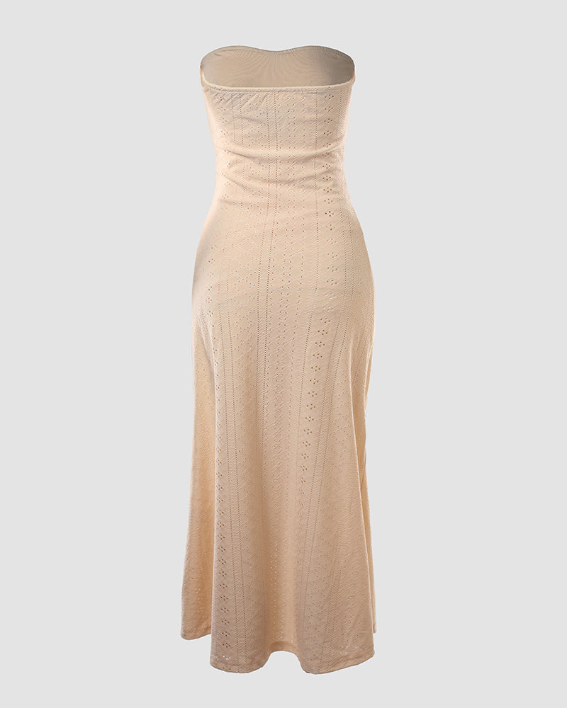 Strapless Eyelet Ruched High Split Midi Dress Summer 27