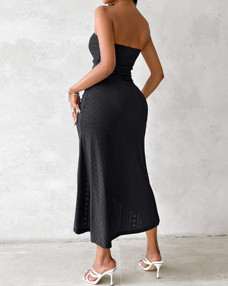 Strapless Eyelet Ruched High Split Midi Dress Summer 16