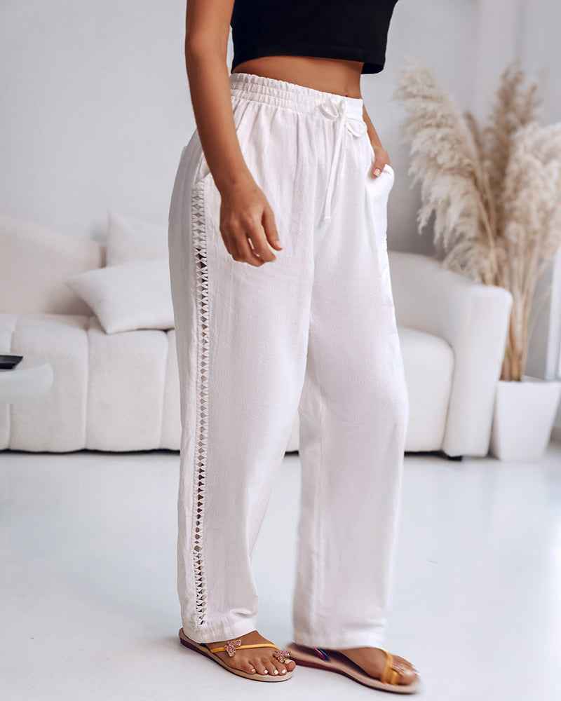 Natural Casual Pants With Hollow Out Spliced Details Drawstring Elastic Waist Pocket Cotton