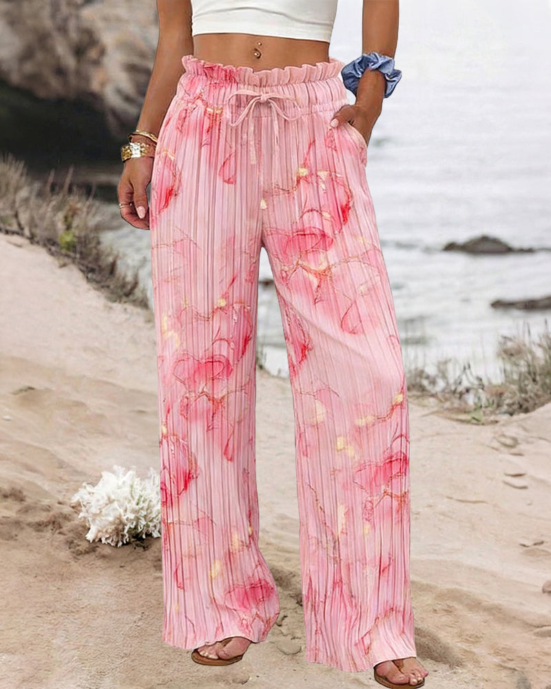 Tie Dye Palazzo Pants Pleated High Waisted Wide Leg With Pockets All Day Comfort