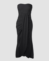 Strapless Eyelet Ruched High Split Midi Dress Summer 19