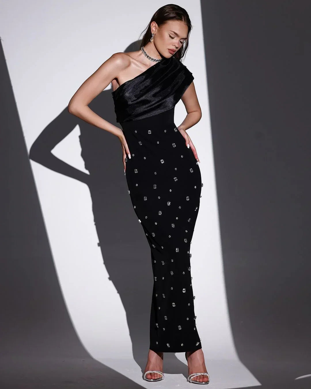 Crystal Embellished One Shoulder Draped Bodice Column Maxi Dress 2