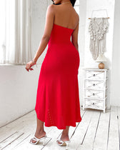 Strapless Eyelet Ruched High Split Midi Dress Summer 2