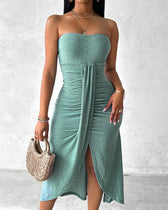 Strapless Eyelet Ruched High Split Midi Dress Summer 10