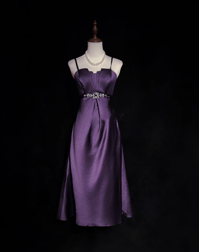 Fashion Spaghetti Straps Purple Satin Beaded A Line Short Birthday Outfits Homecoming Dress D1993