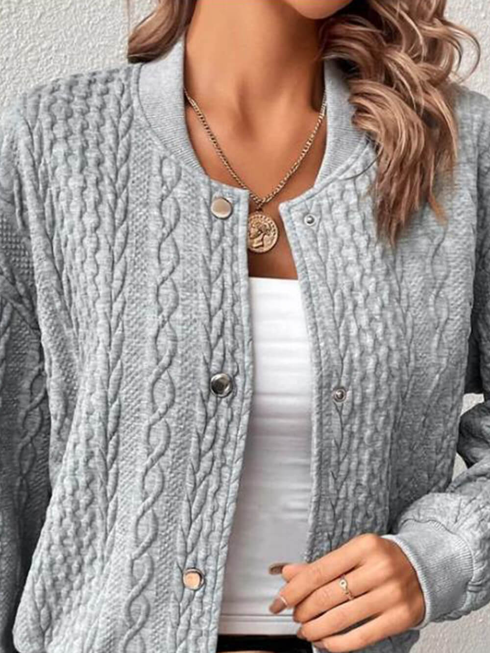 Cable Knit Texture Button Front Bomber Jacket 2