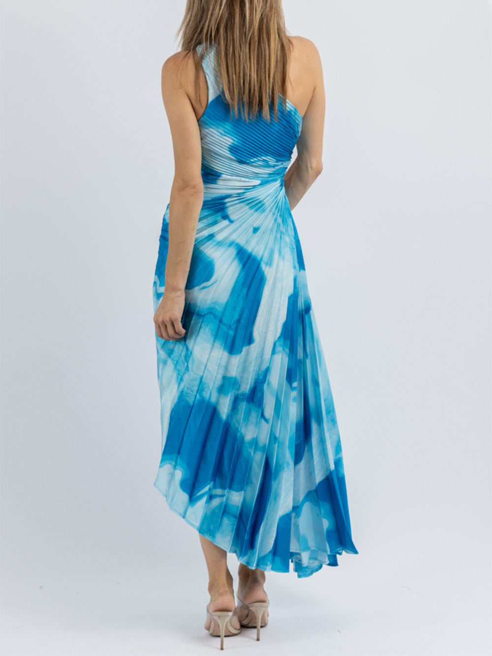 Tie Dye One Shoulder Pleated Cut Out Maxi Dress
