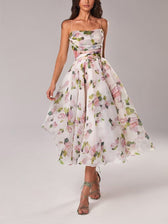 Floral Organza Square Neck Fit and Flare Midi Dress