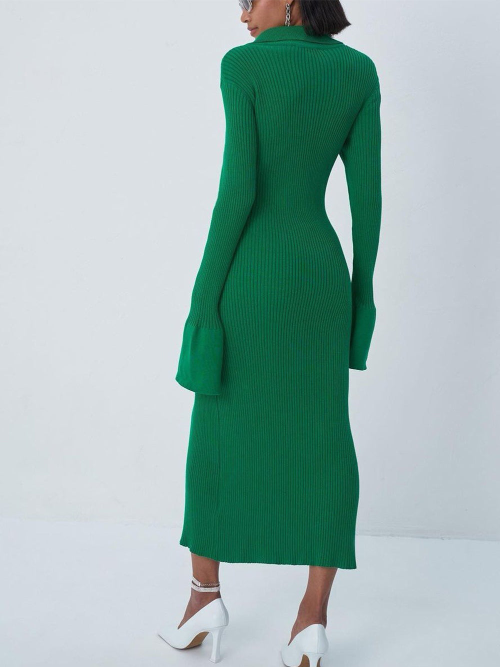 V Neck Long Bell Sleeve Sweater Maxi Dress