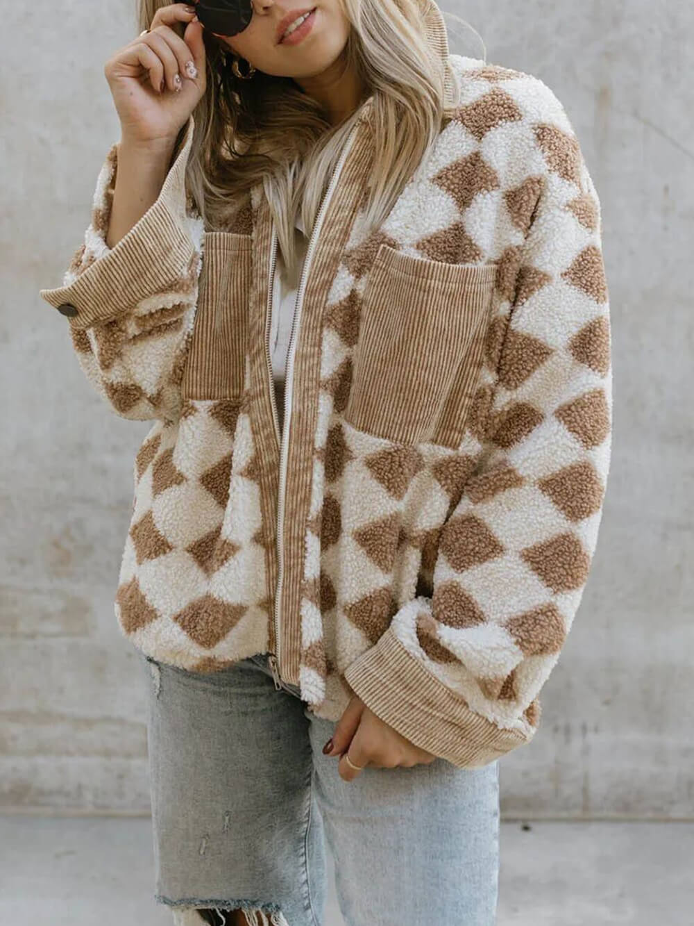 Checkerboard Sherpa Fleece Zip Front Jacket