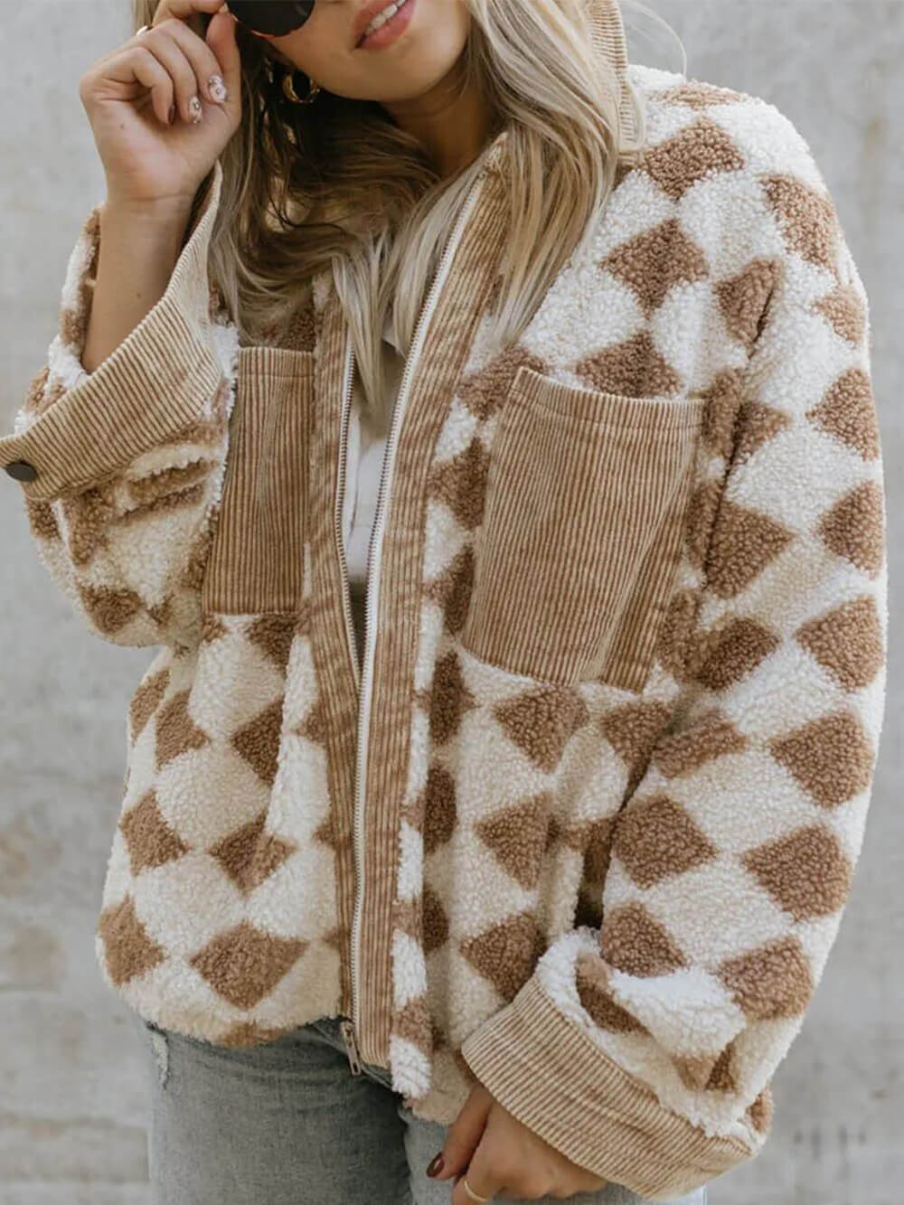 Checkerboard Sherpa Fleece Zip Front Jacket