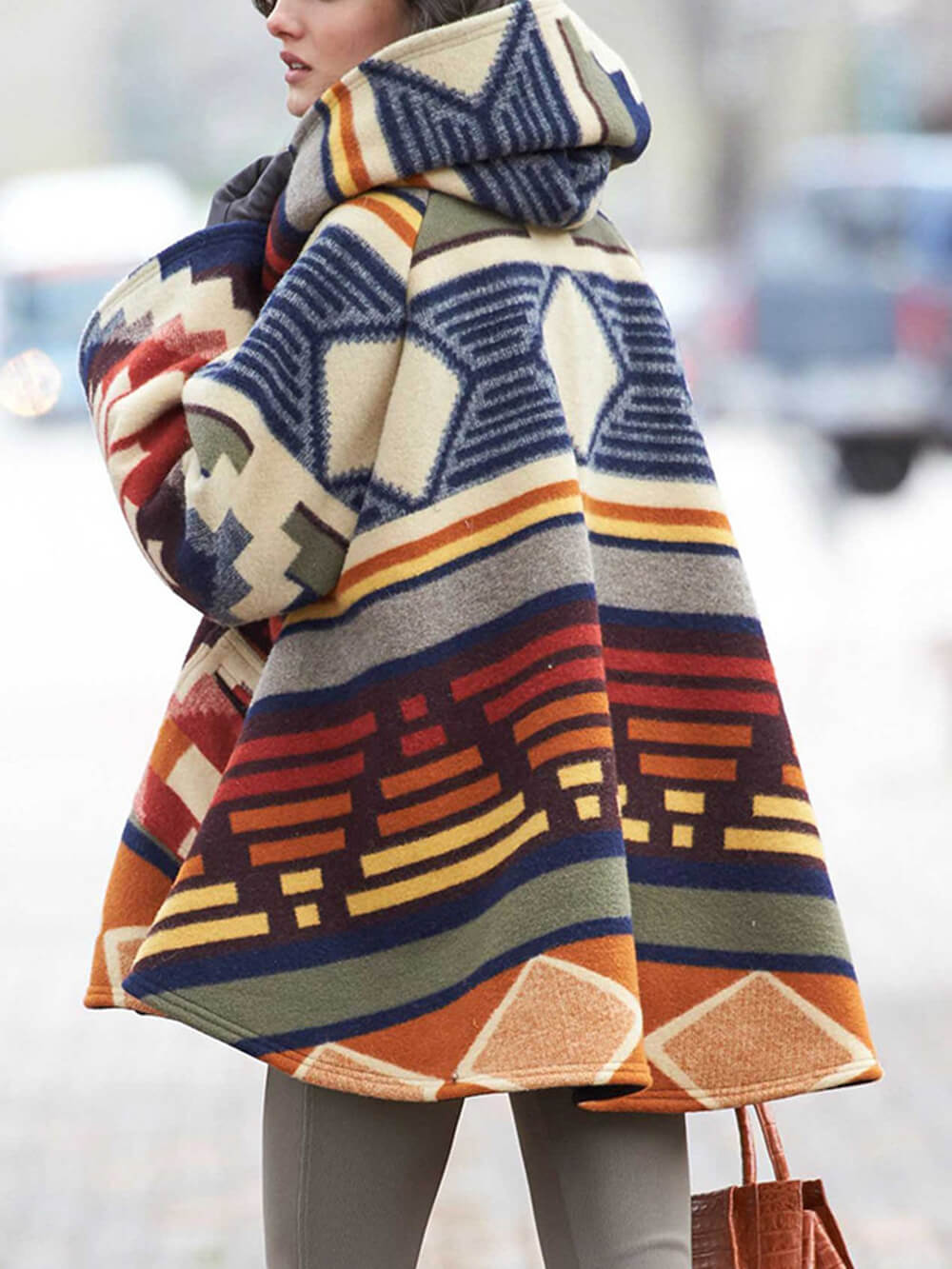 Aztec Print Hooded Button Cape Coat