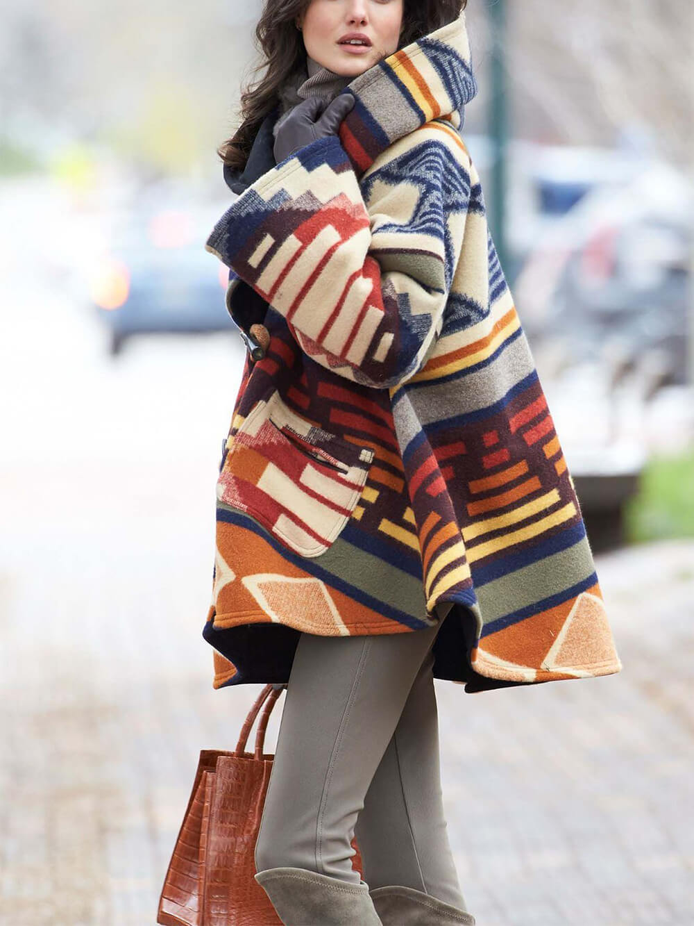 Aztec Print Hooded Button Cape Coat