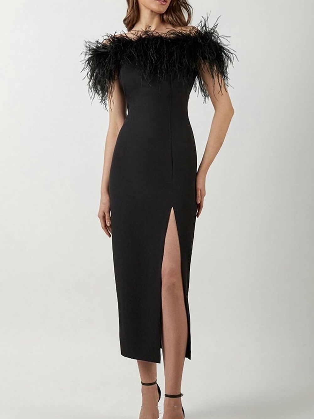 Feather Trim Off Shoulder Front Split Bodycon Midi Cocktail Dress