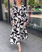 Fashion print elegant long-sleeved dress Black 23BF Casual Dresses Clothes Dresses Spring Summer