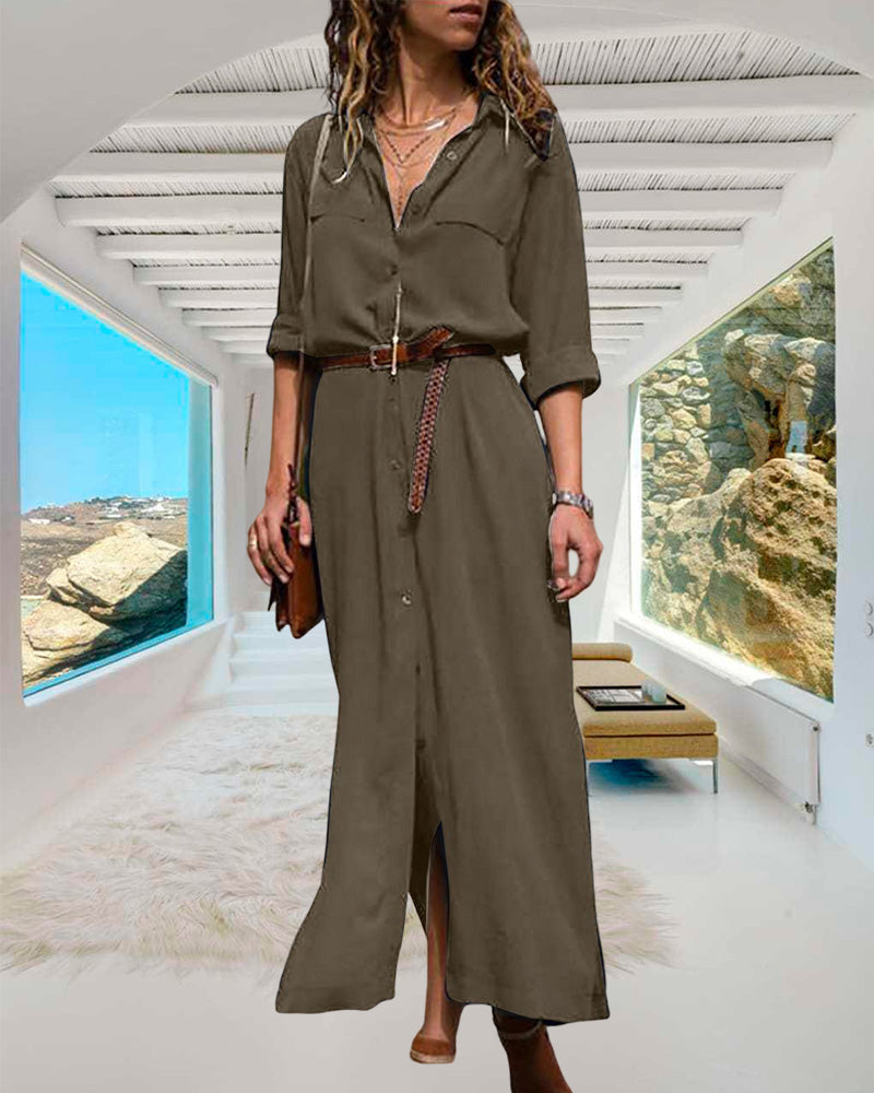 Ariadna Premium Stylish Long Sleeved Dress with Buttons and Belt Chic Silhouette Collection